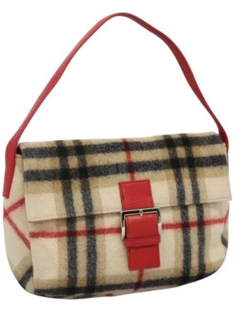 Burberrys Nova Check Blue Label Shoulder Bag Wool Beige Red Silver Auth Hk2090